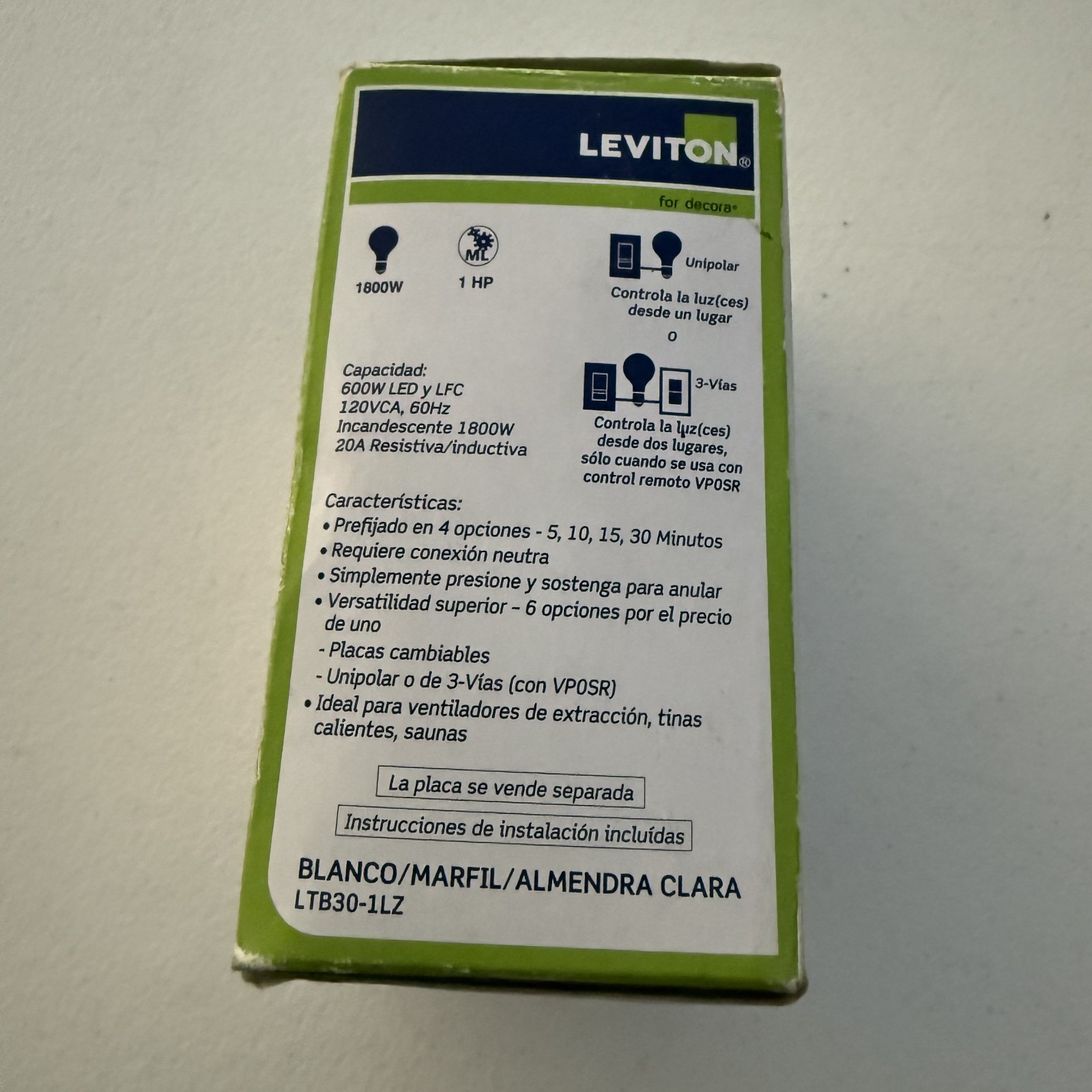 Leviton LTB30-1LZ Digital Countdown Timer 20A White, Ivory, Light Almond