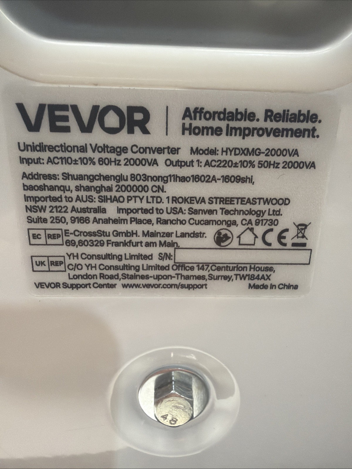 VEVOR Voltage Converter 2000VA 110V to 220V HYDXMG-2000VA