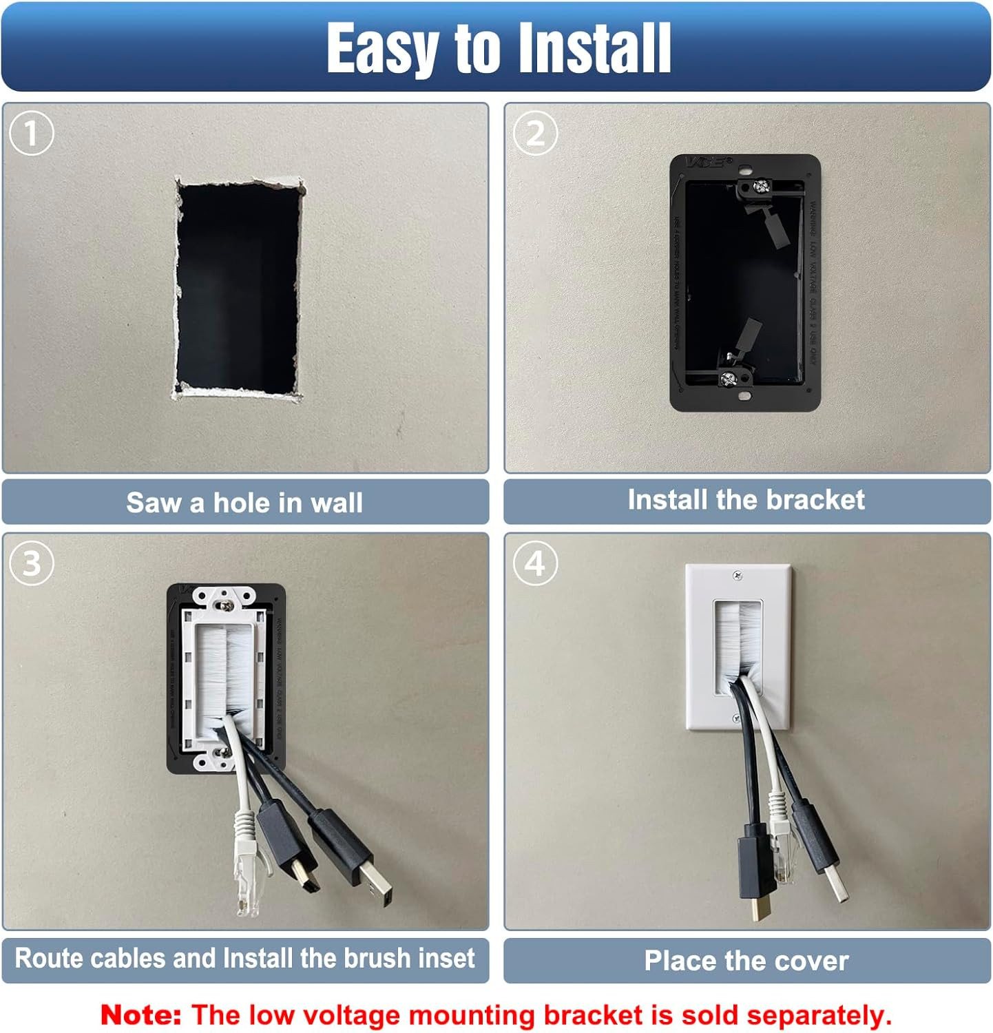 Brush Wall Plate Cable Pass Through, Single Gang Decorator Wall Cover for Low Vo