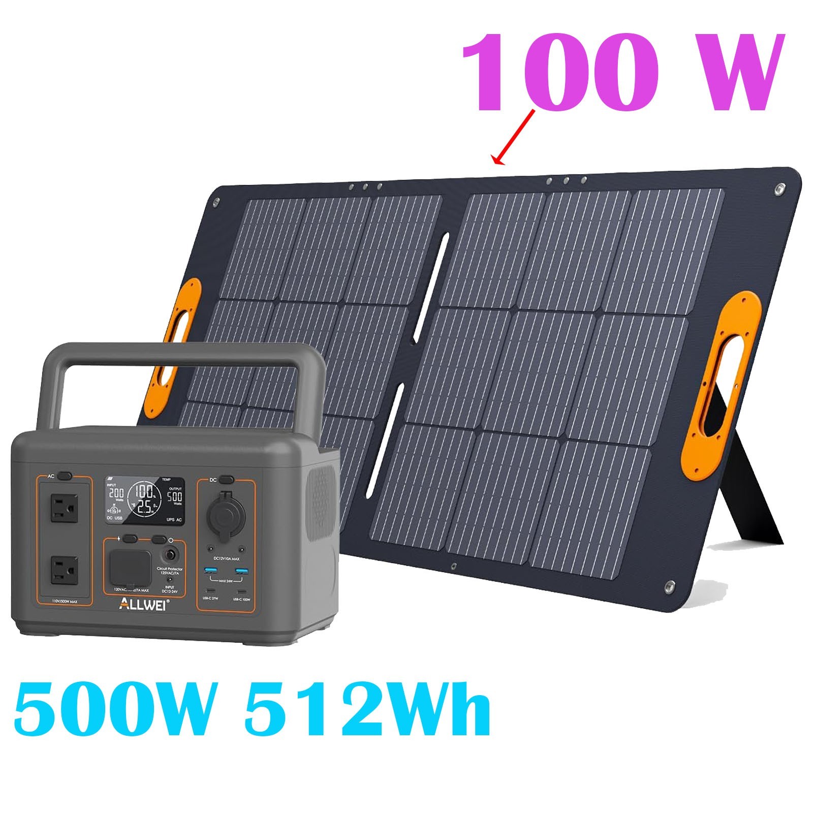 Portable Power Station 500W 512Wh Solar Generator with 100W Solar Panel