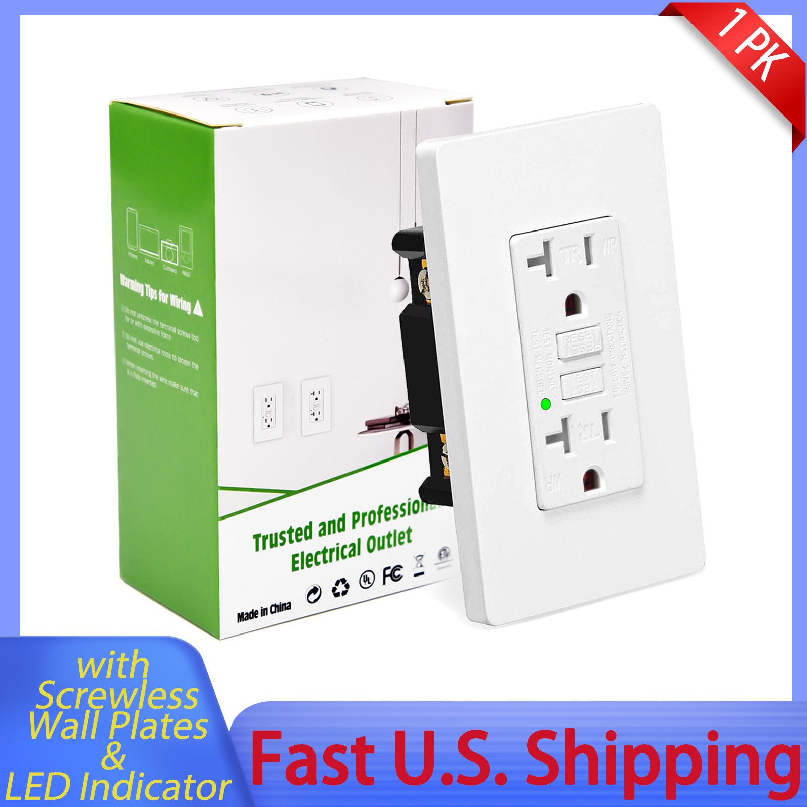 1PK 20A/125V Greencycle Self-Test White GFI Electrical Outlet With LED Indicator