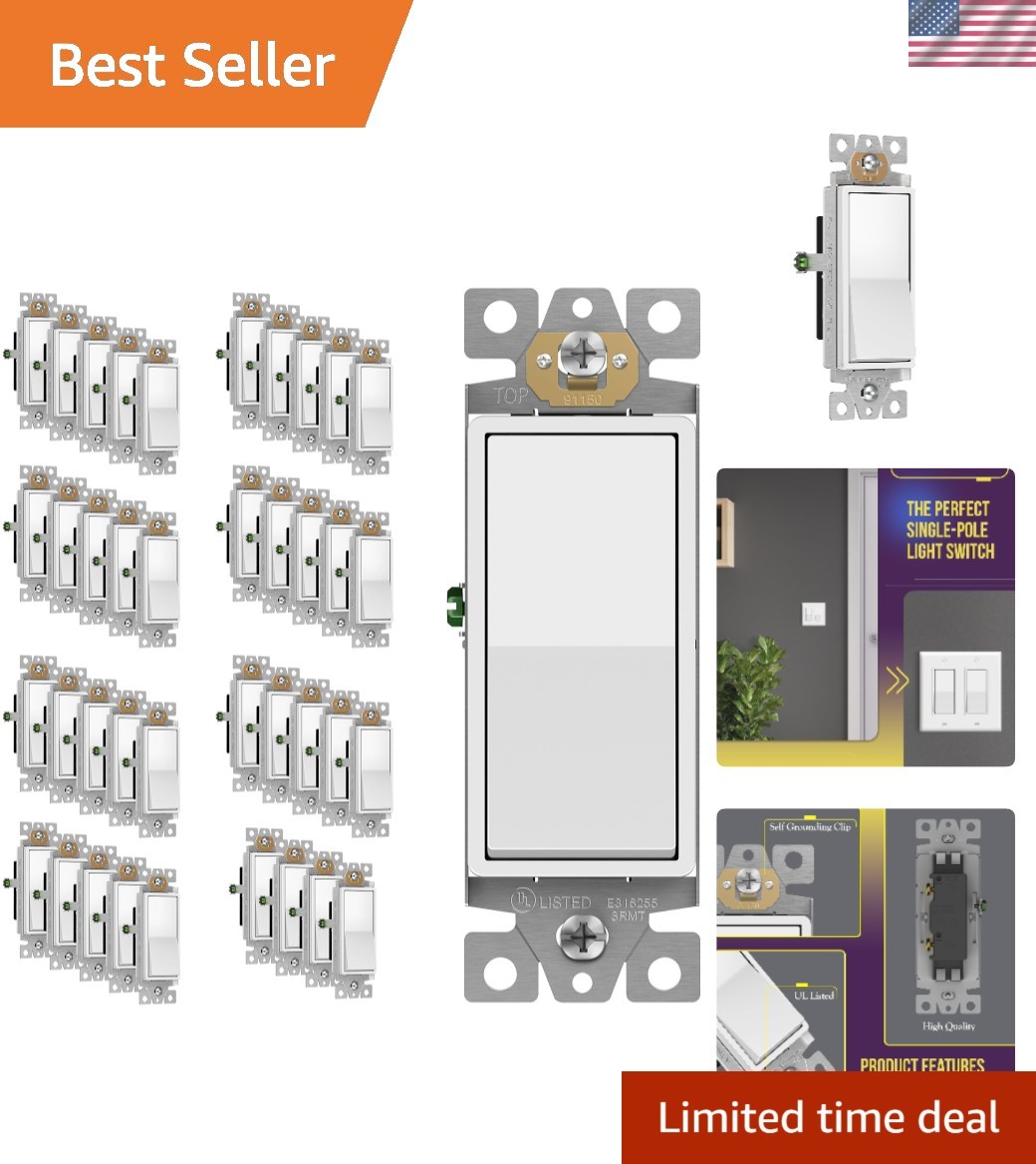 Compact 15A Light Switch 40 Pack – Glossy White Paddle Rocker, Residential Grade