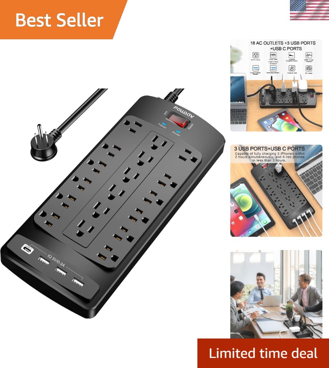 Elegant 18 Outlets Surge Protector Power Strip, 4 USB Ports, 2100J Protection
