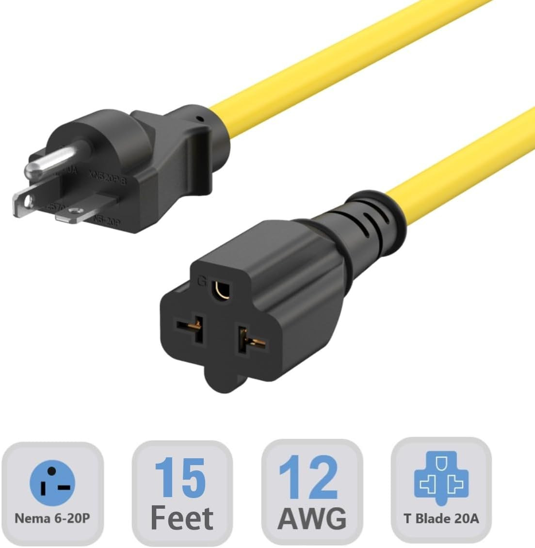 15-Ft Nema 6-20P Extension Cord 20-Amp 250 Volt Nema 6-20 Extension Cable 12AWG,