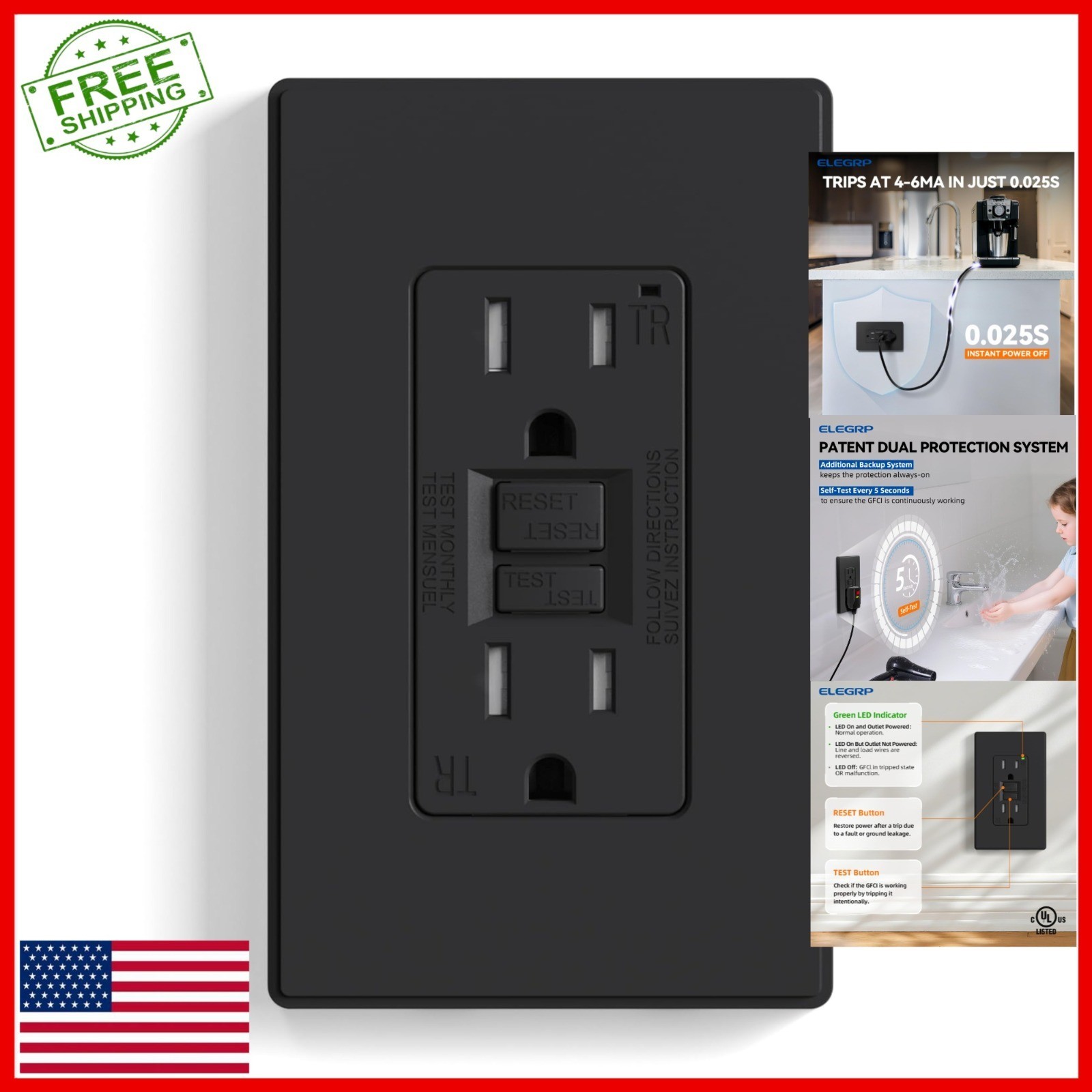 ELEGRP GFCI Outlet 15 Amp Self-Test Tamper Resistant Matte Black