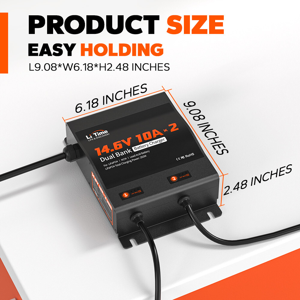 LiTime 2-Bank 10A (10A/Bank) Dual Smart Battery Charger For 12V LiFePO4 Battery