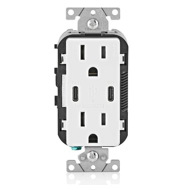 Leviton 30W USB-C Wall Charger Outlet 15A Tamper 2-Port Type-C 2 Pack White