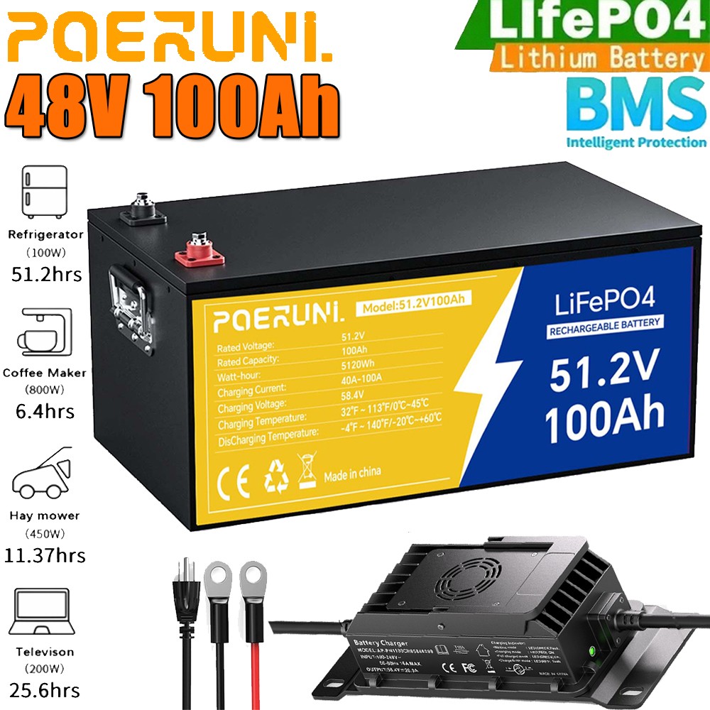 NEW 48V 100Ah LiFePO4 Lithium Battery 5120Wh W/ 58.4V 20A Charger For Golf Cart
