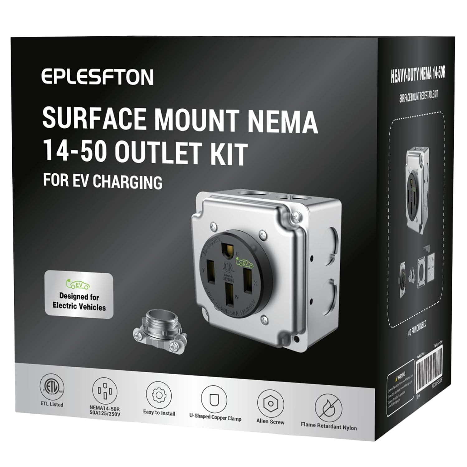 50A NEMA 14-50 EV Outlet Surface Mount Box Kit Heavy Duty Receptacle ETL Black