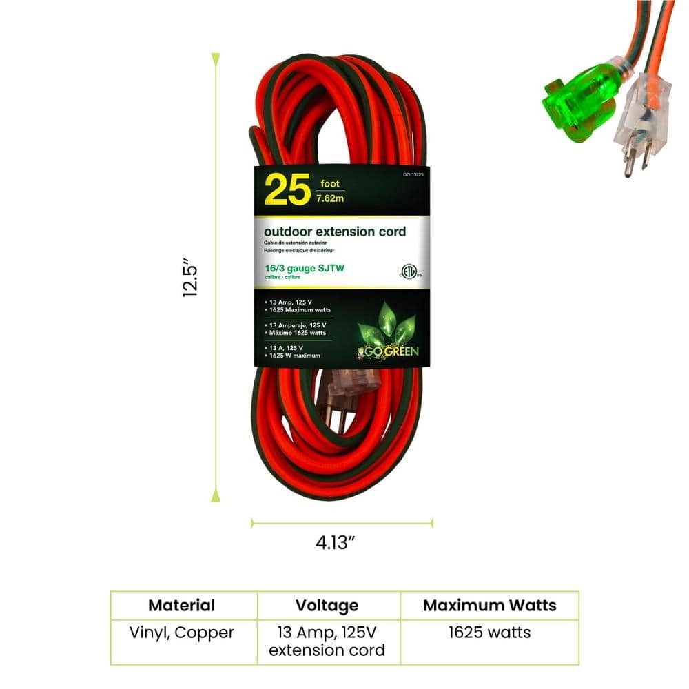 GoGreen Power 25 ft Extension Cord 16/3 SJTW Outdoor Heavy Duty Lighted Ends