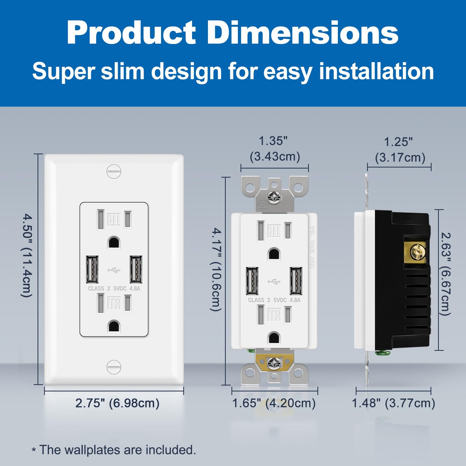 Bestten Usb Receptacle Outlet Electrical Outlet 4.8A Dual High Speed Type A