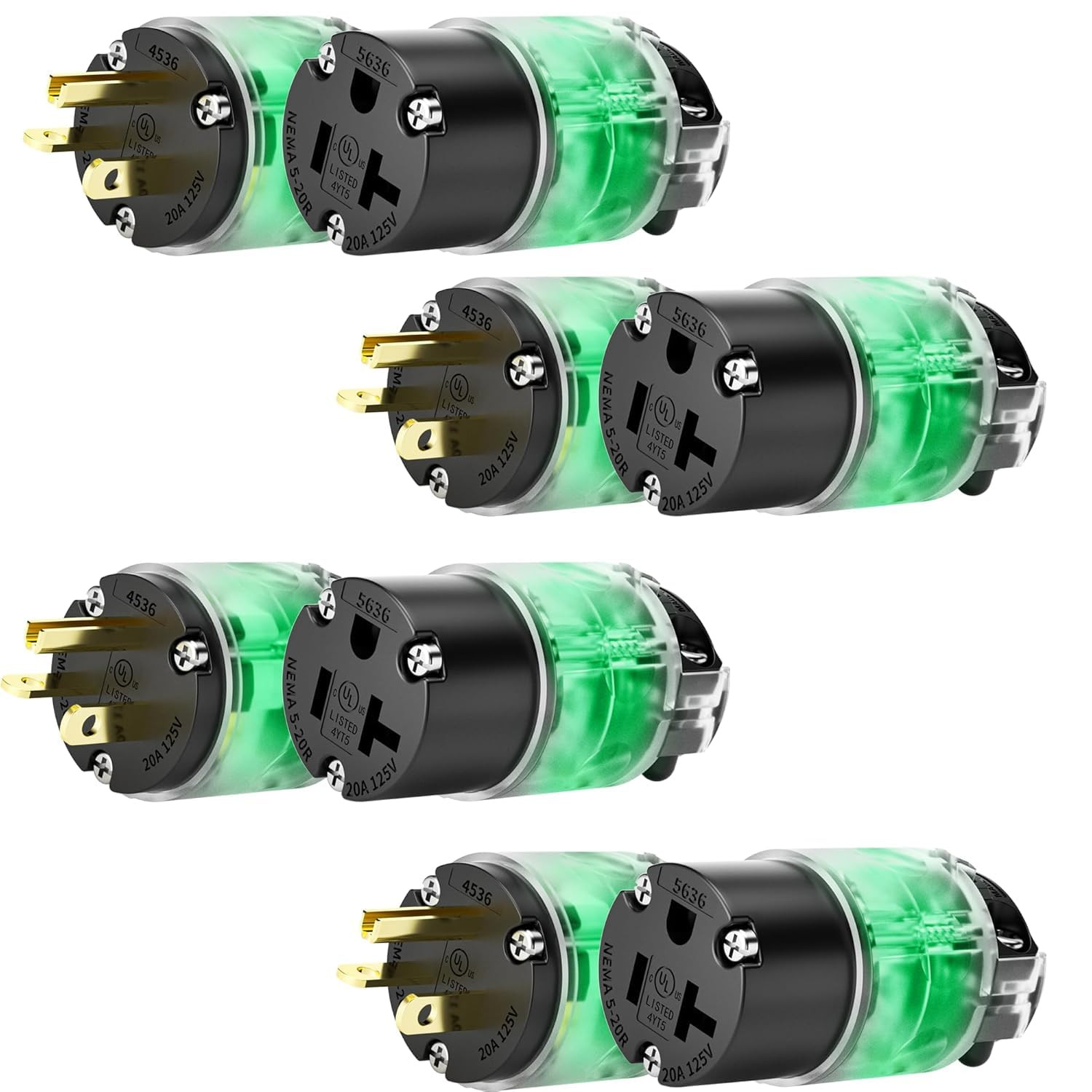 4 Set Lighted Cord End Replacement 20A 125V NEMA 5-20P*NEMA 5-20R, 2Pole 3Wire,