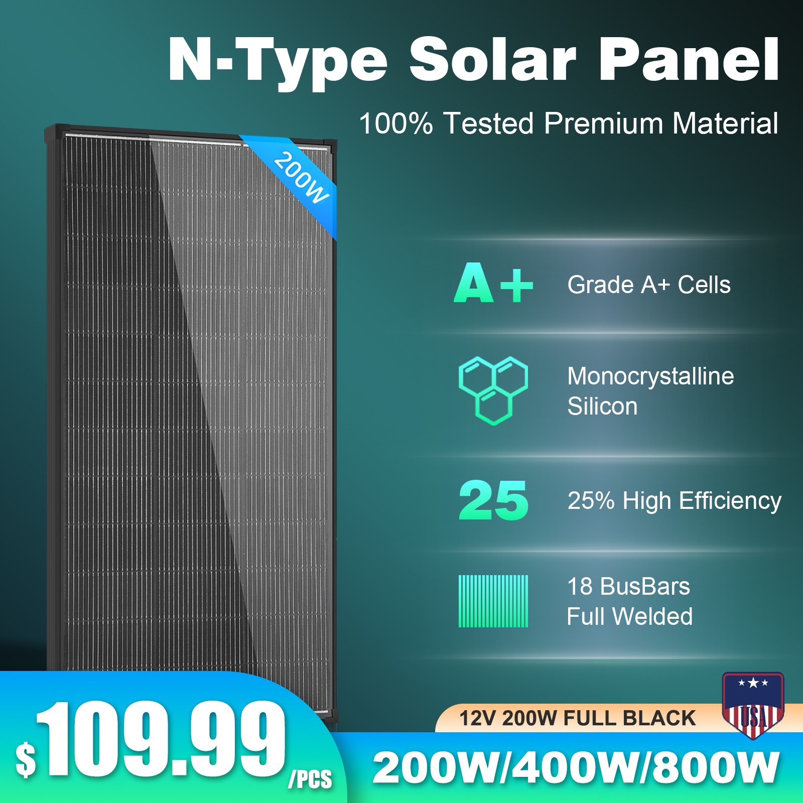 800W 400W 200W Watt 12V Solar Panel N-type 18BB Battery Charge RV Home Off-Grid