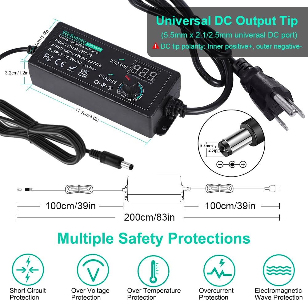 Universal Power Supply 3V~24V 3A 72W Adjustable Variable 3V 5V 6V 9V 12V 15V 18V