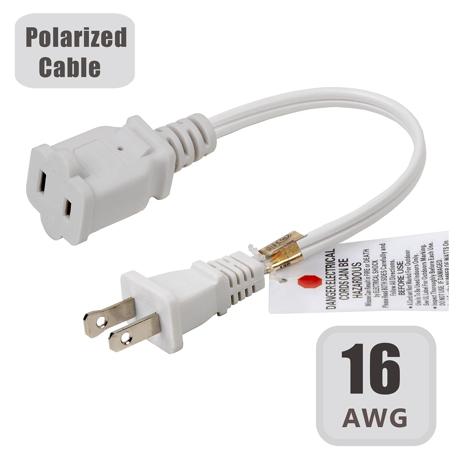 Plugrand Short 1FT Polarized US 2-Prong Male-Female Extension 1FT, White
