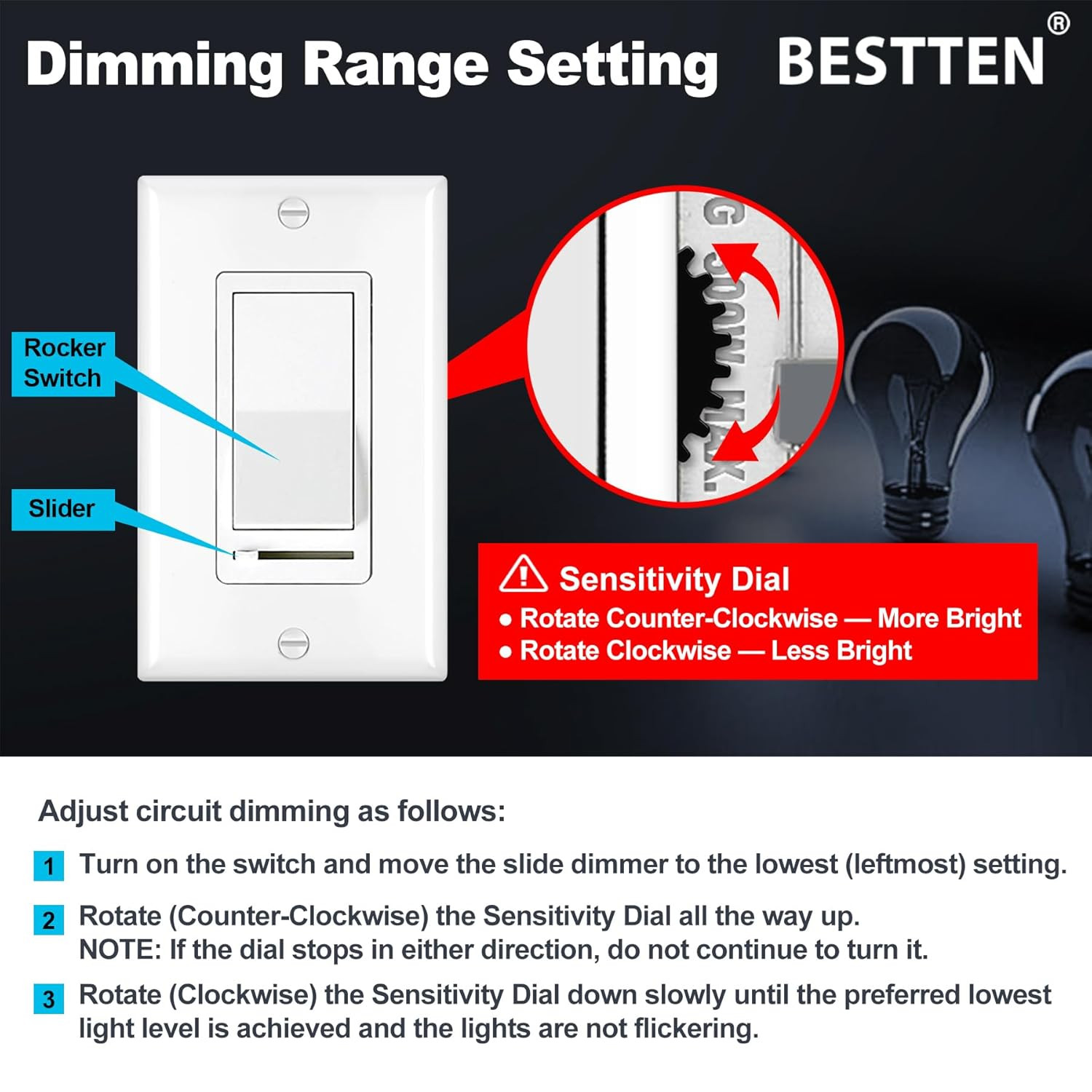 10 Pack Dimmer Light Switch, Single-Pole or 3-Way Dimmer Switches, 120V, Compati