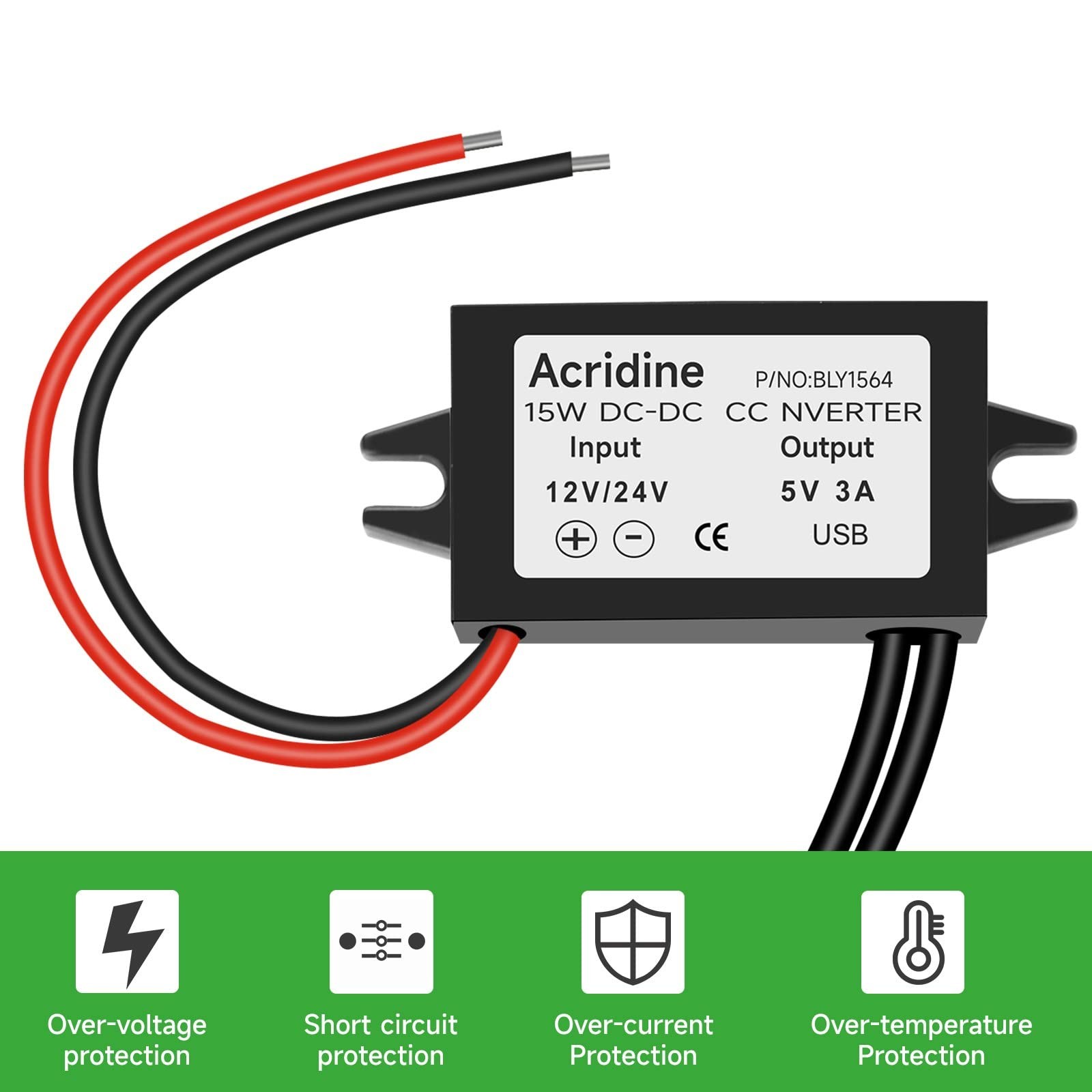 Acridine 12V 24V DC to 5V 3A USB Female Converter Adapter Buck Module Black