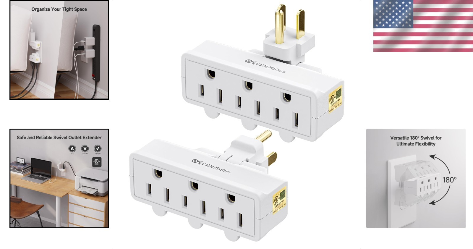 Listed 2-Pack 3-Outlet Grounded Swivel Wall Tap