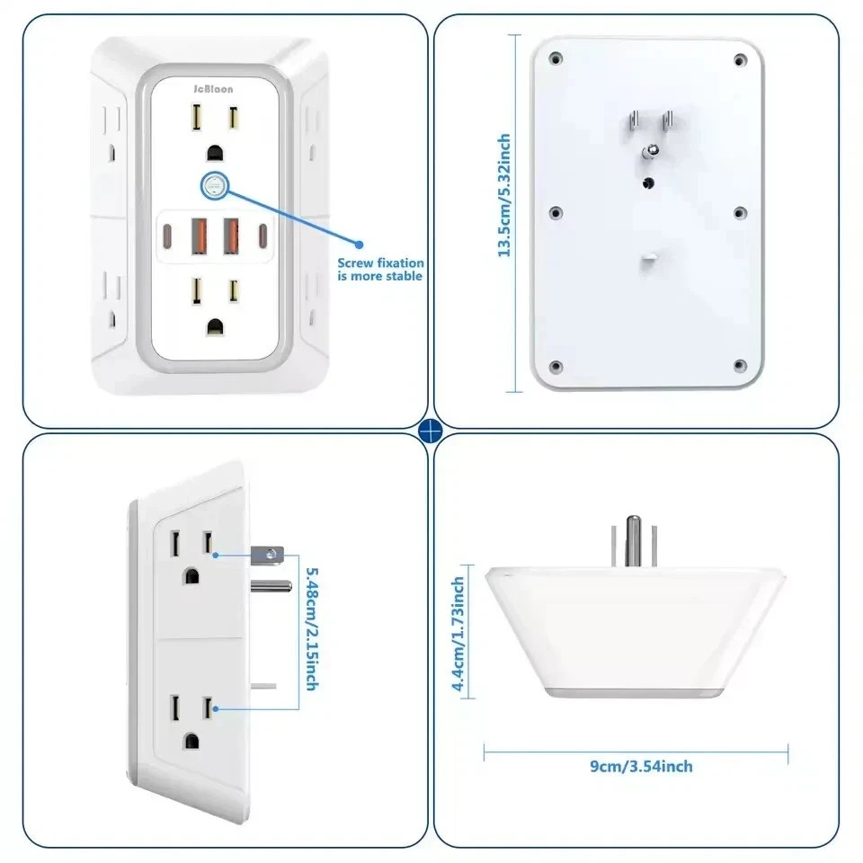 6 Outlet Extender Surge Protector Multi Plug Wall Adapter USB Charger Ports with
