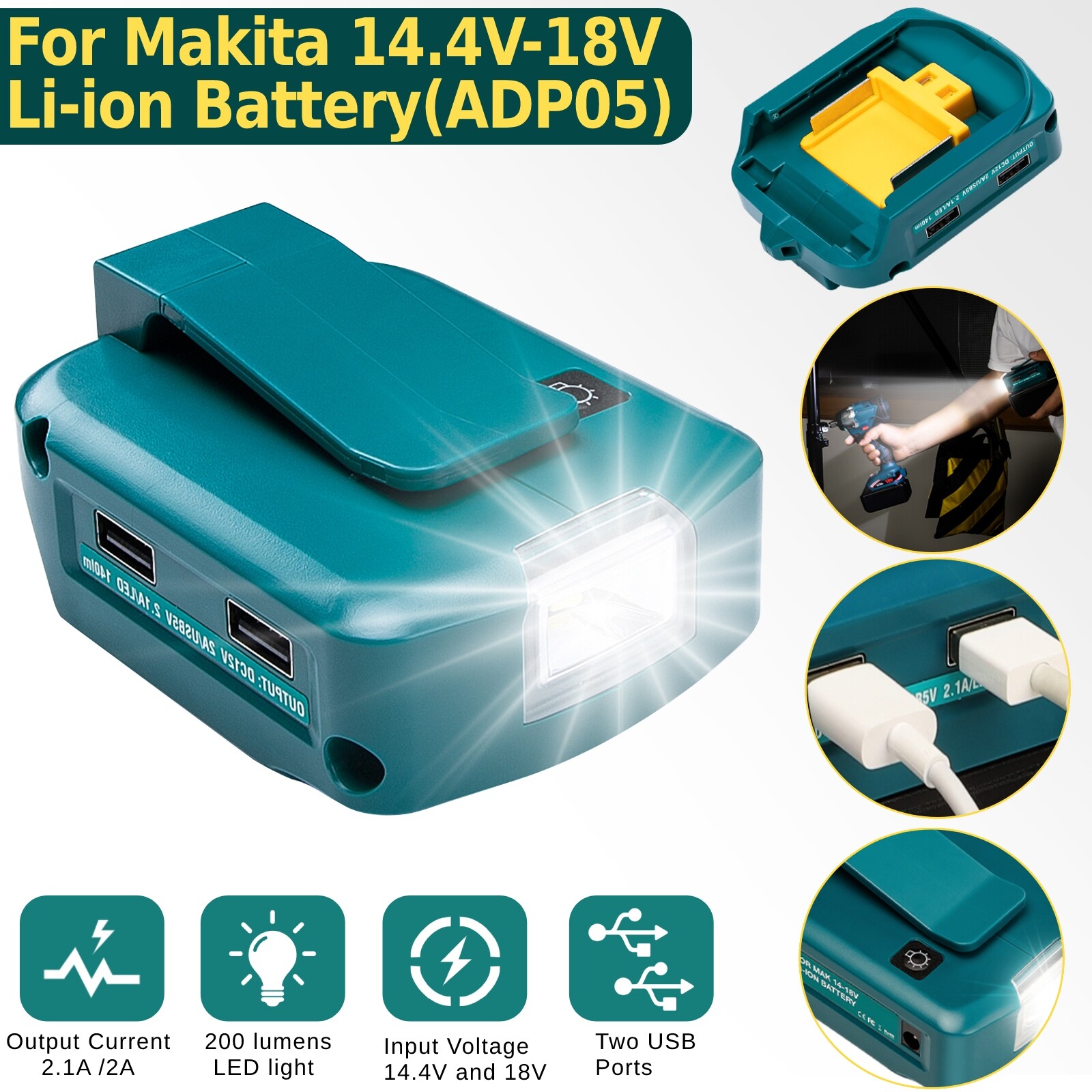 Dual USB Power Source Charger Li-ion Battery Adapter For Makita 14.4-18V w/LED