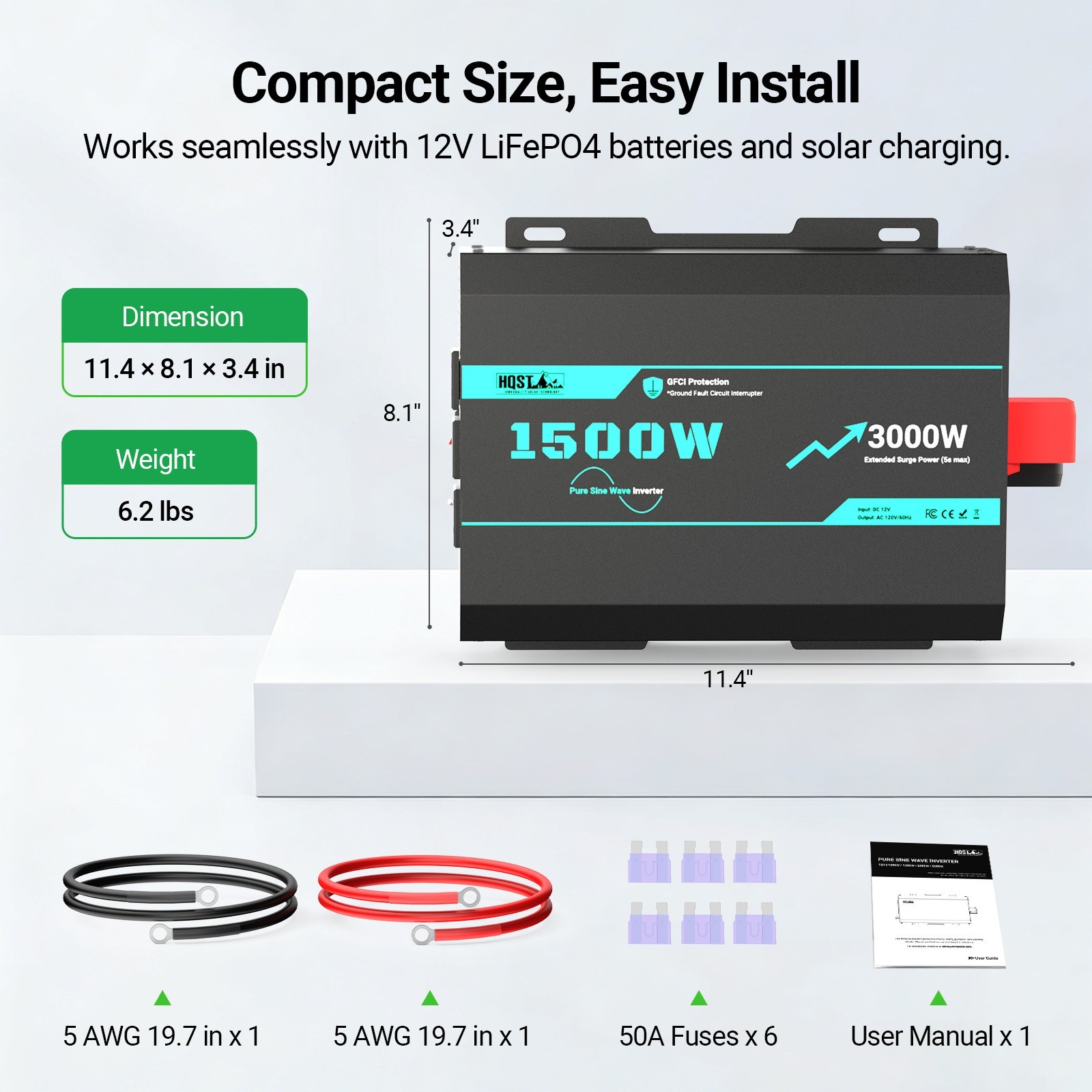 HQST 1500W Pure Sine Wave Inverter with 5s Boost Function