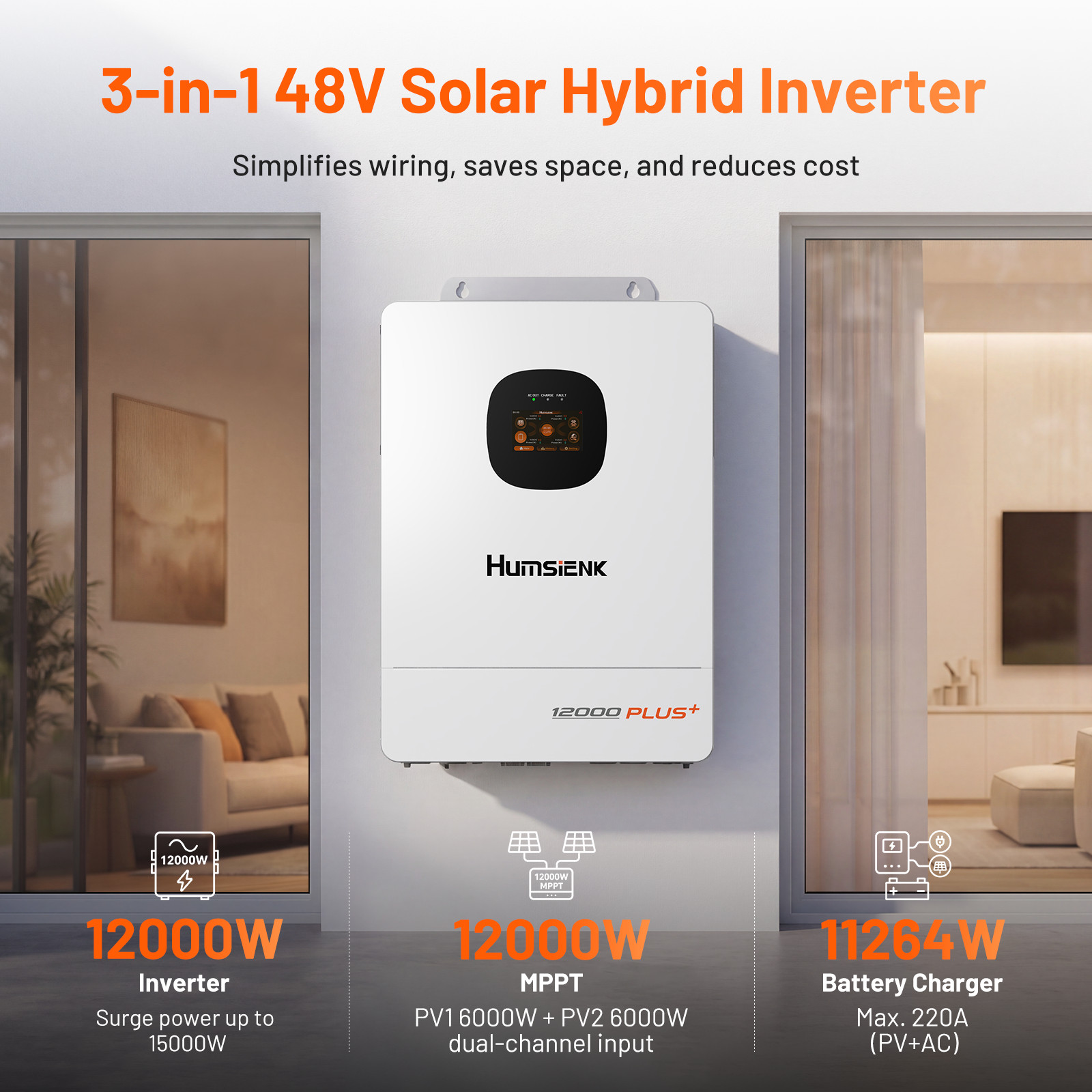 Humsienk 48V 12KW 3-in-1 Solar Hybrid Inverter Dual MPPT 120V/240V Split Phase