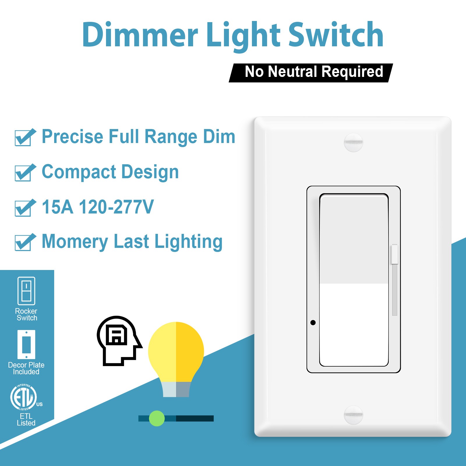 Slide Dimmer Switch for LED CFL Bulbs, 3-Way or Single Pole, No Neutral Wire 2PK