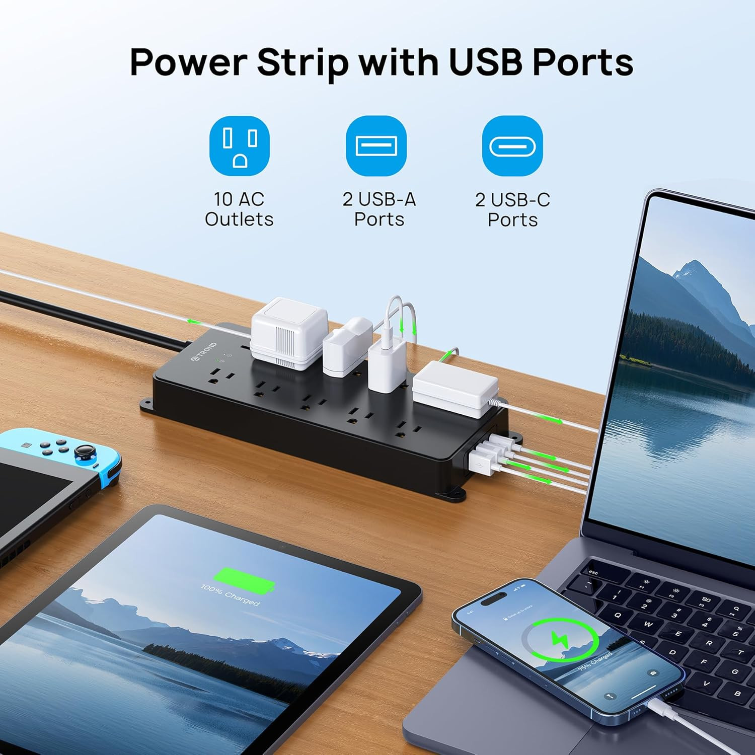 Power Strip Surge Protector, 4000J, ETL Listed, 10 Widely Spaced Outlets with 2