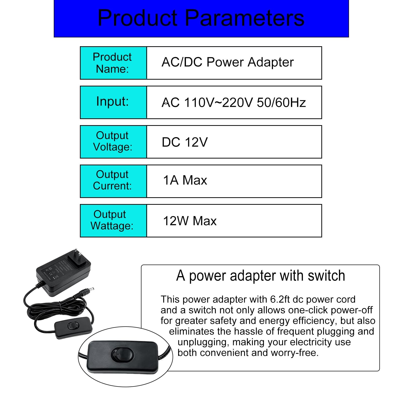 12V 1A Power Supply 1000mA AC/DC 2.2in(L) x 1.4in(W) x 1.0in (H), Black