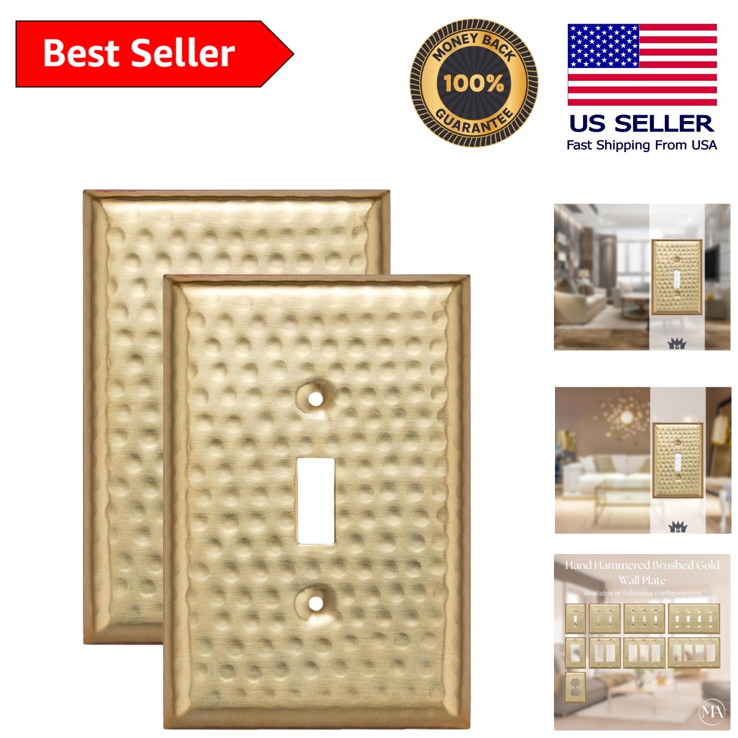 Decorative Wall Plates: Hand Hammered Brushed Gold Toggle Switch Covers