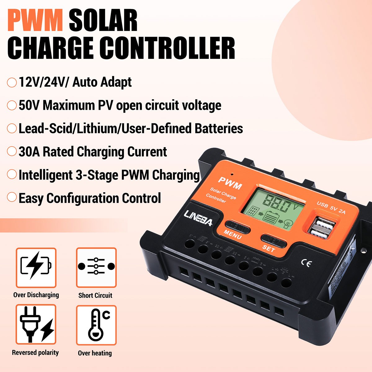 30A PWM Solar Charge Controller, 12V/24V Solar Panel Regulator for AGM Lithium