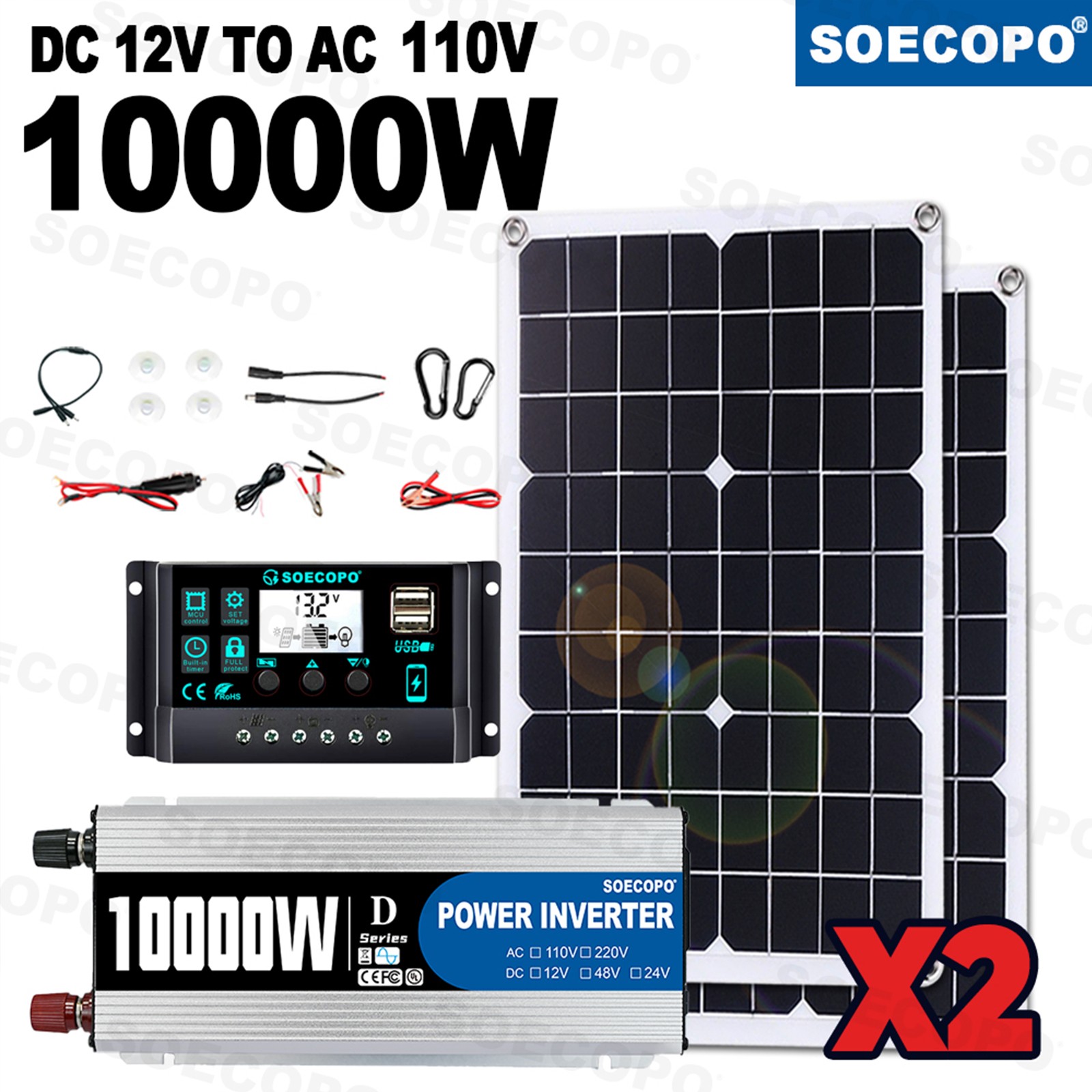 10000W Solar Power Kit 12V-110V/220V + 2pcs Solar Panels + 100A Controller3K