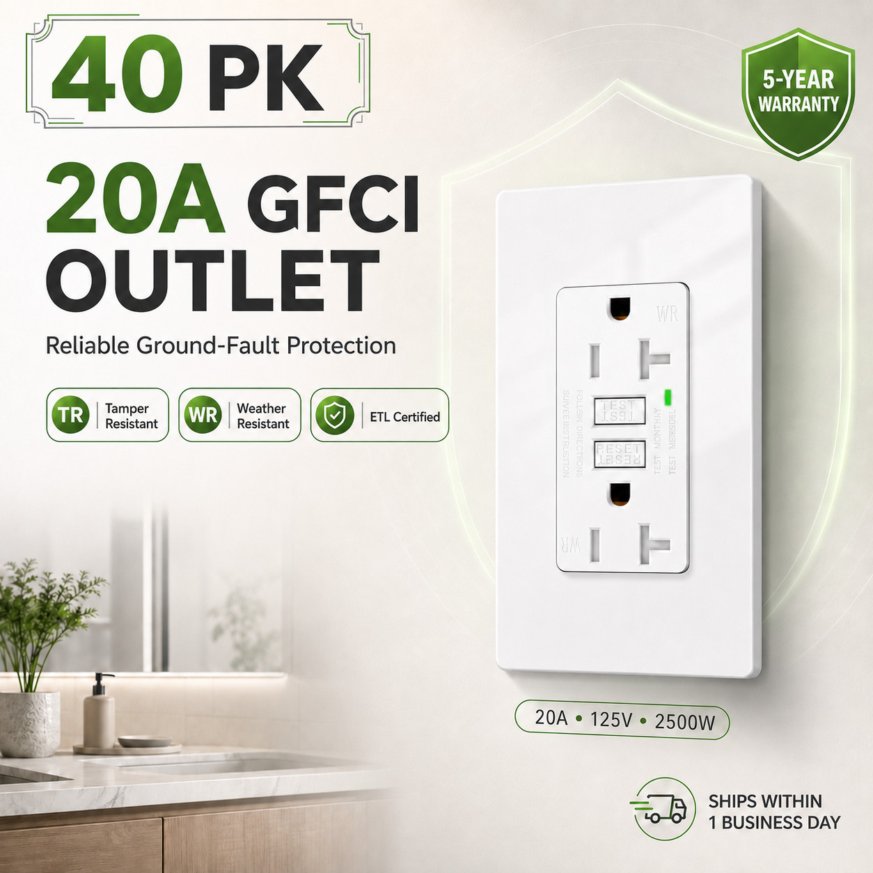 20 Amp GFI Outlet Weather Resistant Tamper Resistant LED ETL for Indoor Use 40PK