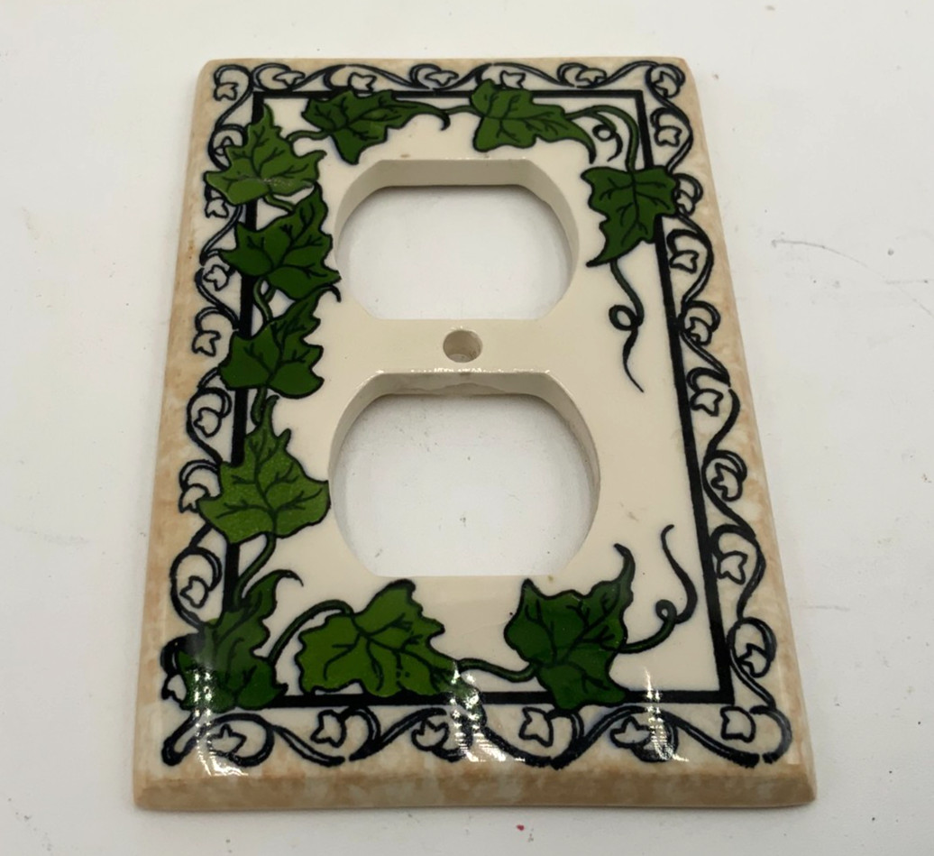 All Fired Up Hand Painted Ceramic Electric Duplex Outlet Plate Green Ivy Vines