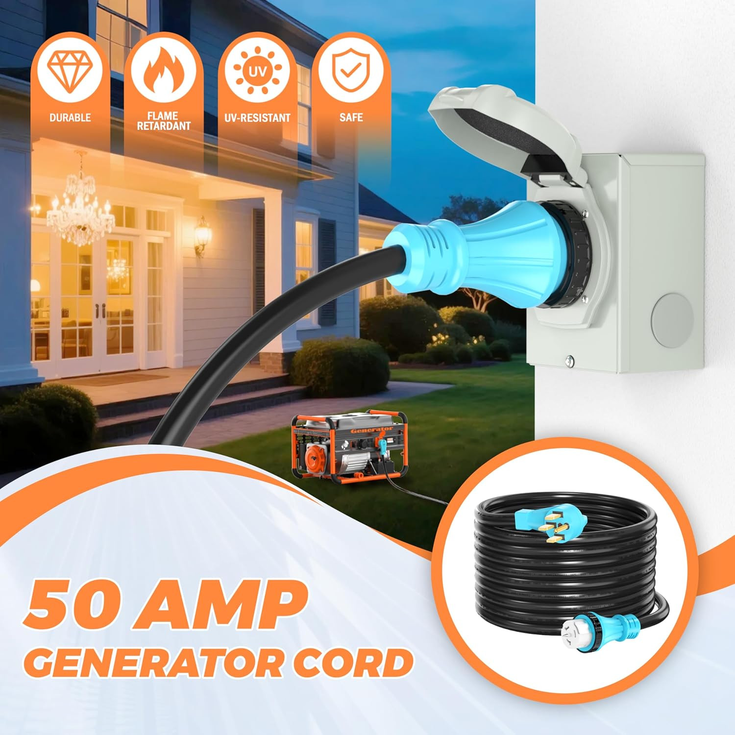 UL Listed 50 Amp Generator Extension Cord 50 Feet NEMA 14-50P Male to SS2-50R &