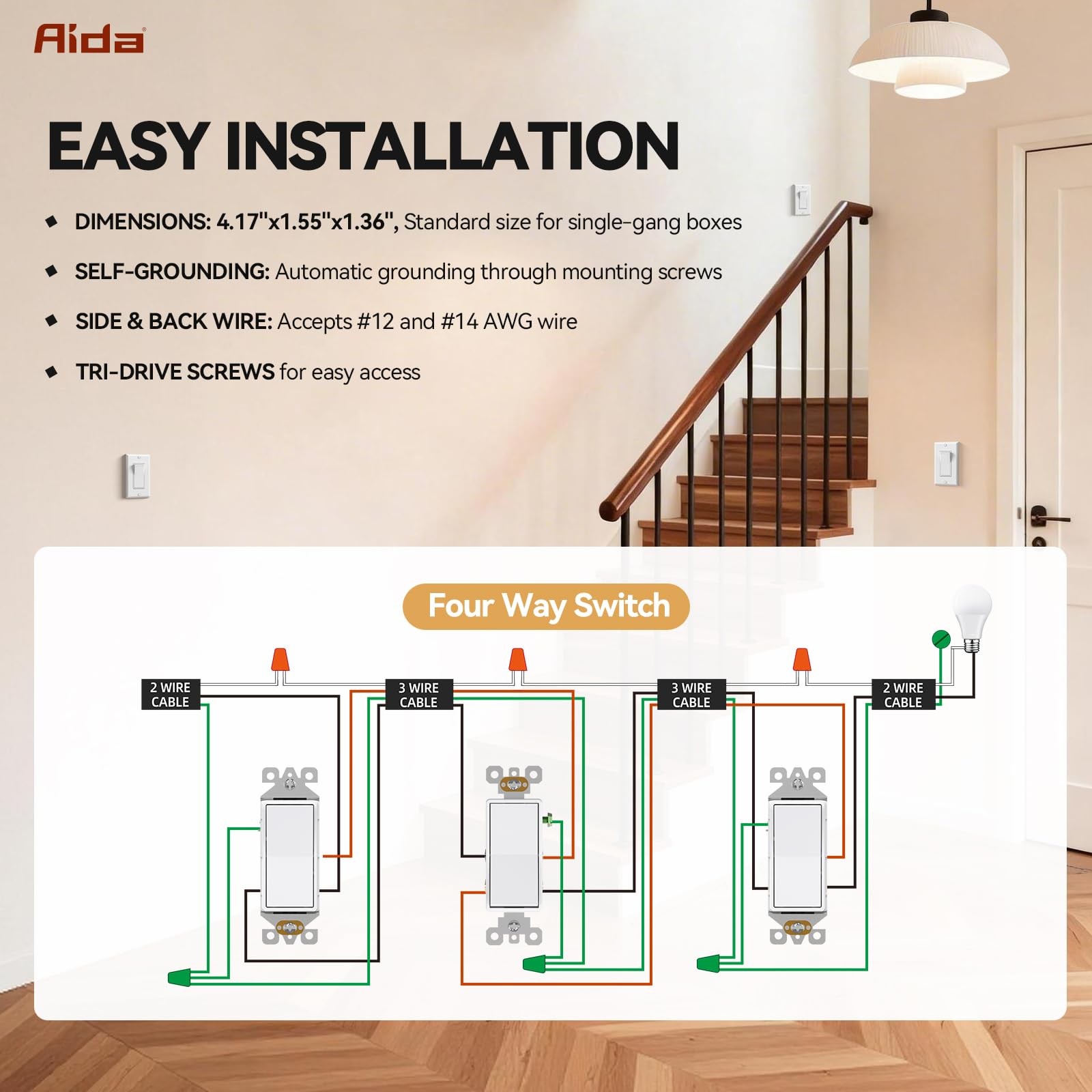 AIDA 4 Way Switch Decorative Light Switch, 15Amp, 4 Glossy White
