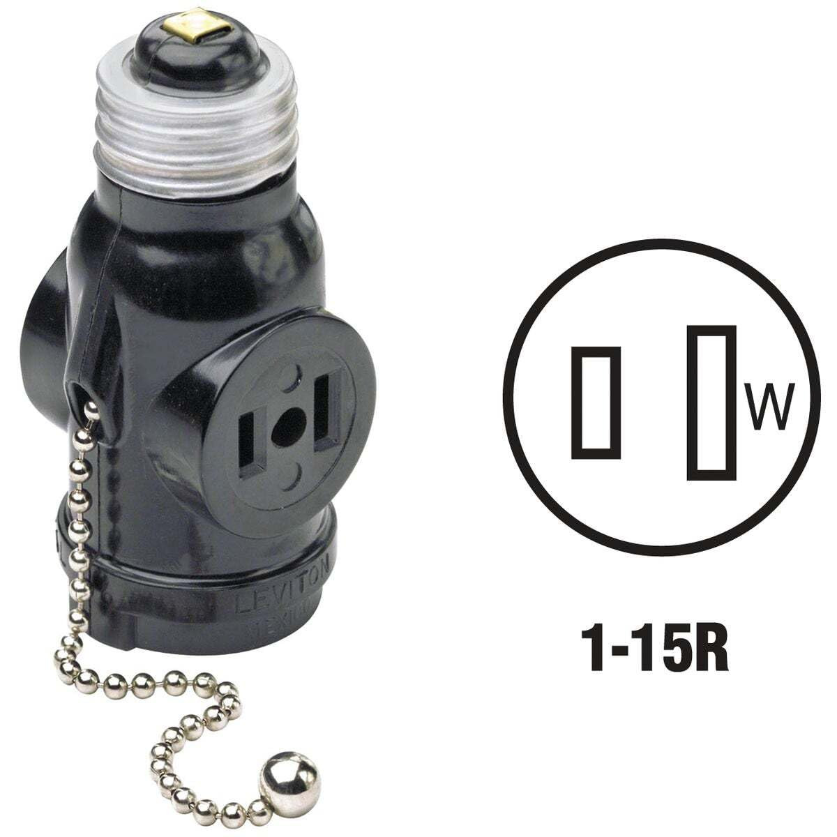 660 Watt, 125 Volt, Two Outlet with Pull Chain Socket Adapter, 1406, Black
