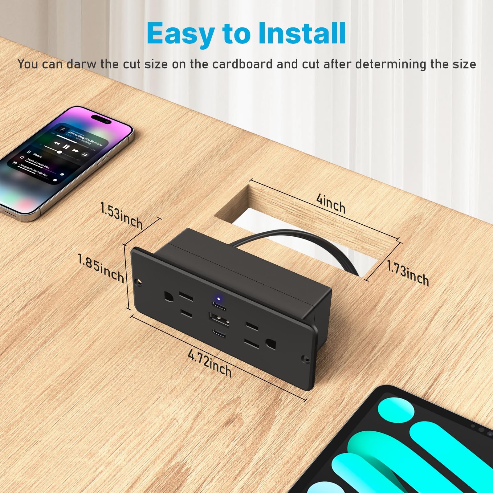 Recessed Power Strip with Outlet and USB C Ports, Furniture Flush Mount Power…