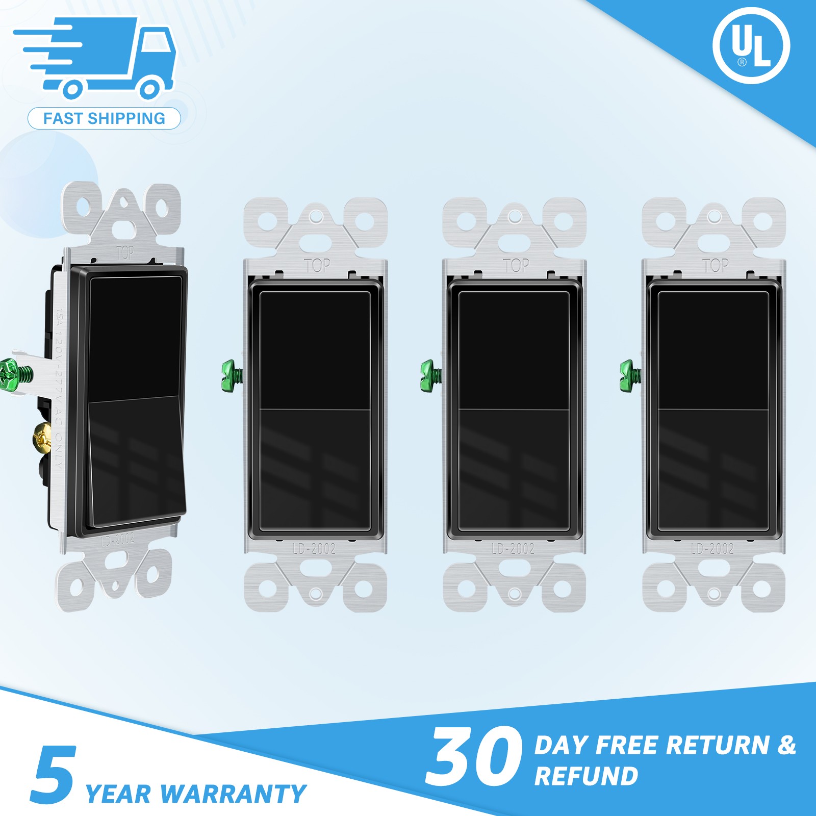 4Packs UL/CUL Listed 3 Way Rocker Light Switch 15A 120/277V Black Residential