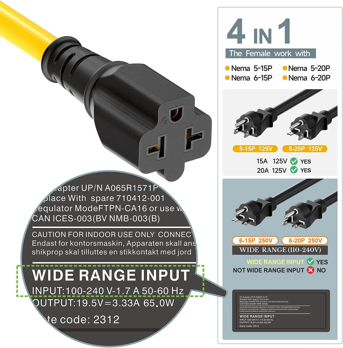 [4-in-1] 12AWG 15 Amp Household AC Plug to 20 Amp T Blade Adapter Cable, NEMA 5-