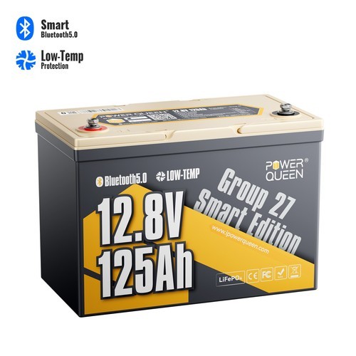 Power Queen 12V 125Ah Group27 Bluetooth Lithium Battery 1600Wh for Boat Solar RV