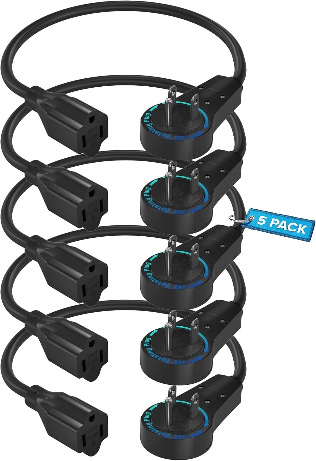 Certified 0.5ft 3-Prong Grounded Extension Cord – 5 Pack