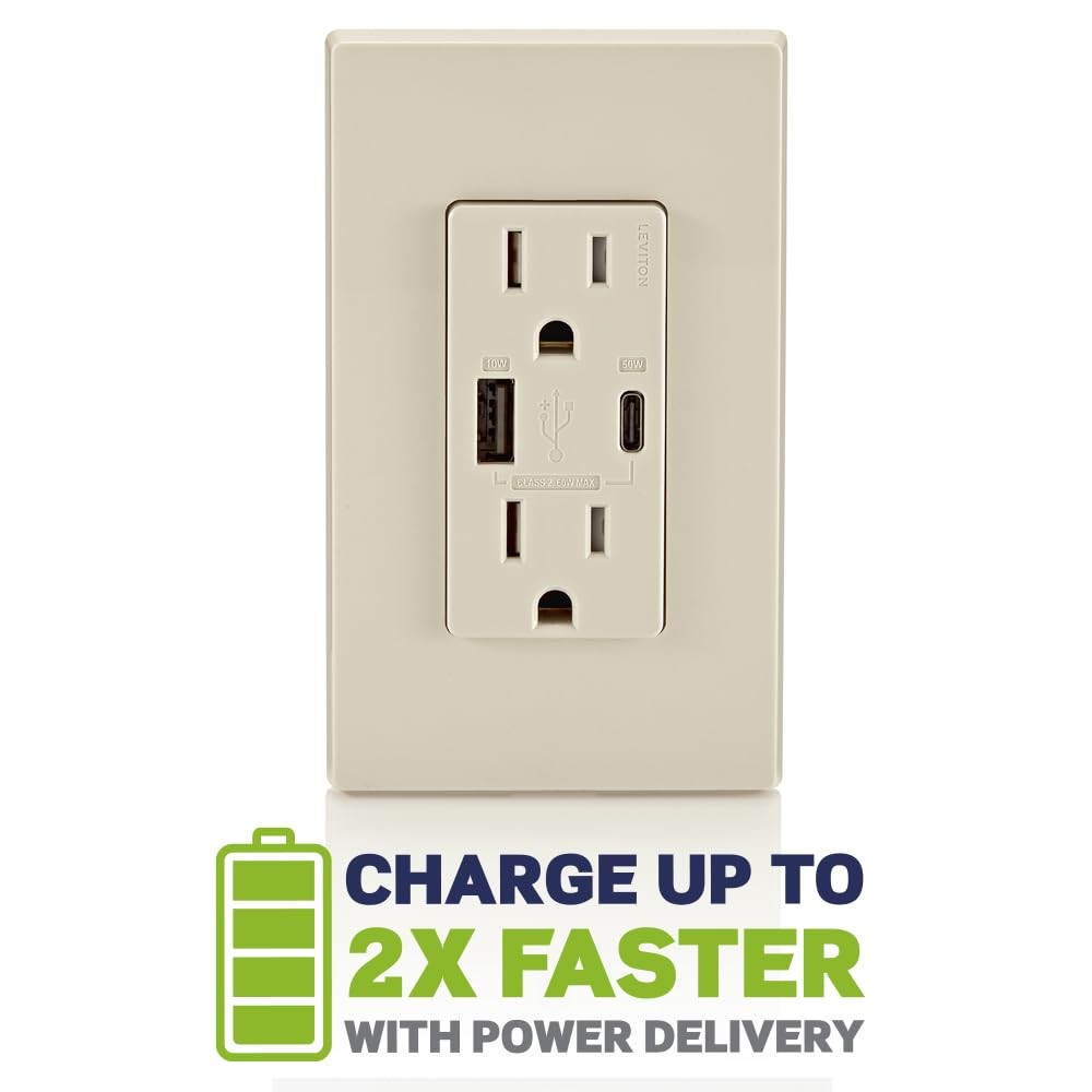 Leviton T5634-T 60W (20V + 5V ) USB Dual Type A/Type-C Power Delivery in-W