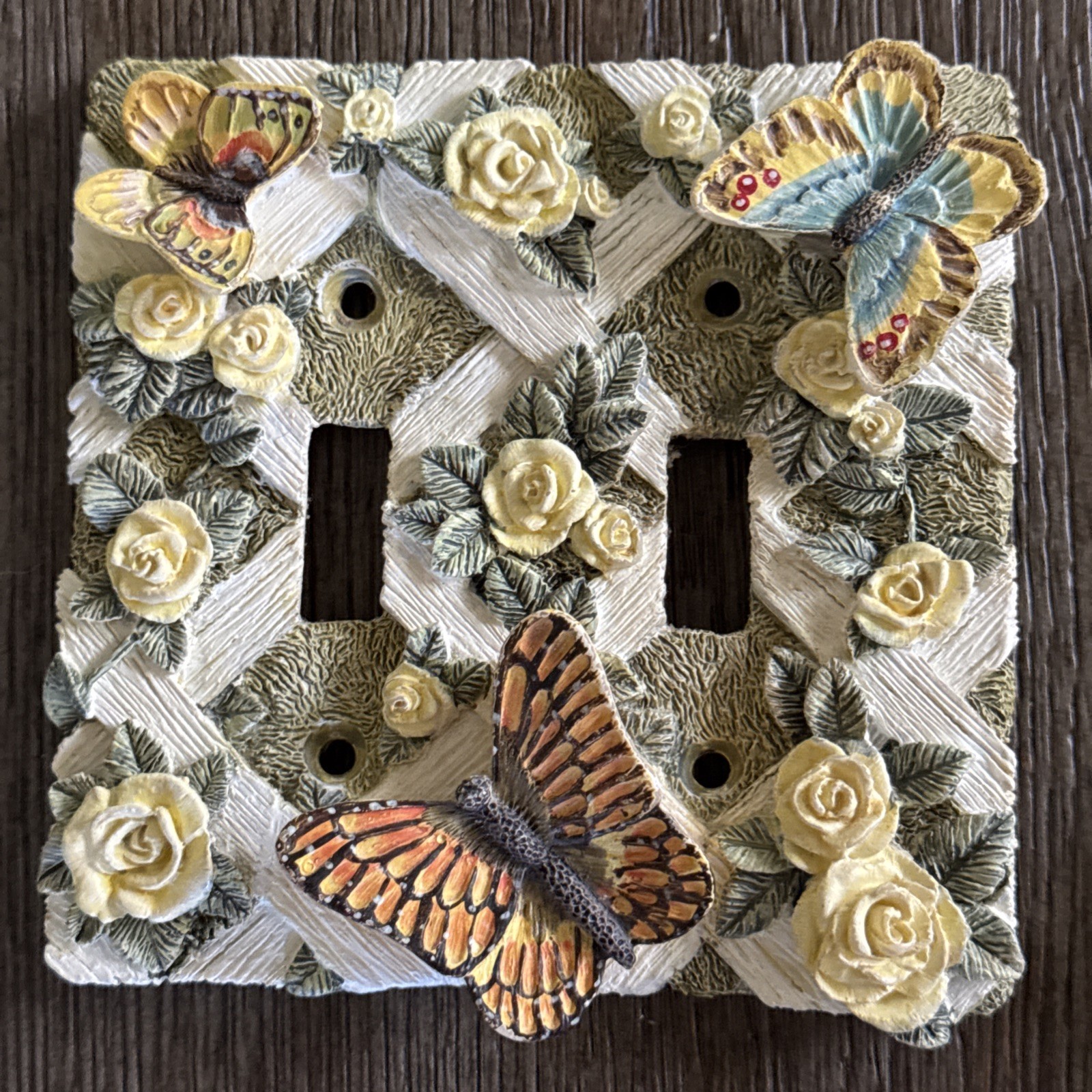 Double Light Switch Plate Butterfly 3D Lattice Roses Floral Set Of 2 Resin