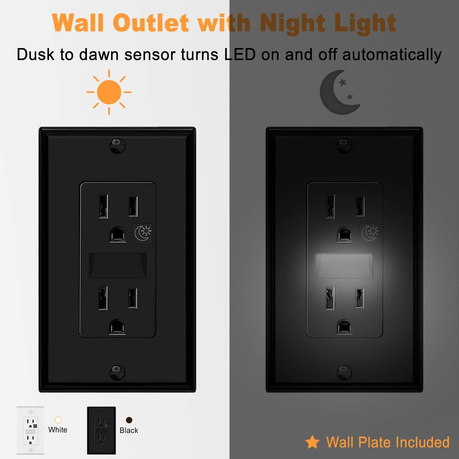 Black Wall Outlet Receptacle with Night Light,Electrical Receptacle Outlets,15A