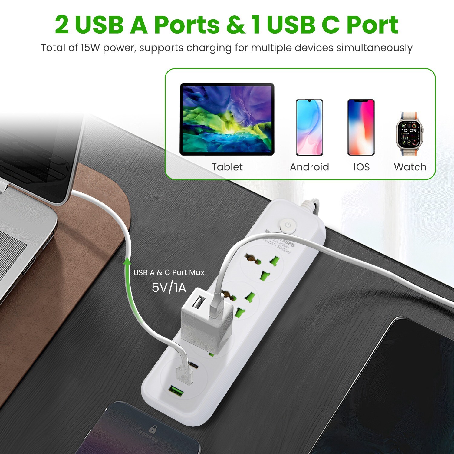 2500W Wall Mount Power Strip – 6/8 Ports Perfect for Home Office & Travel