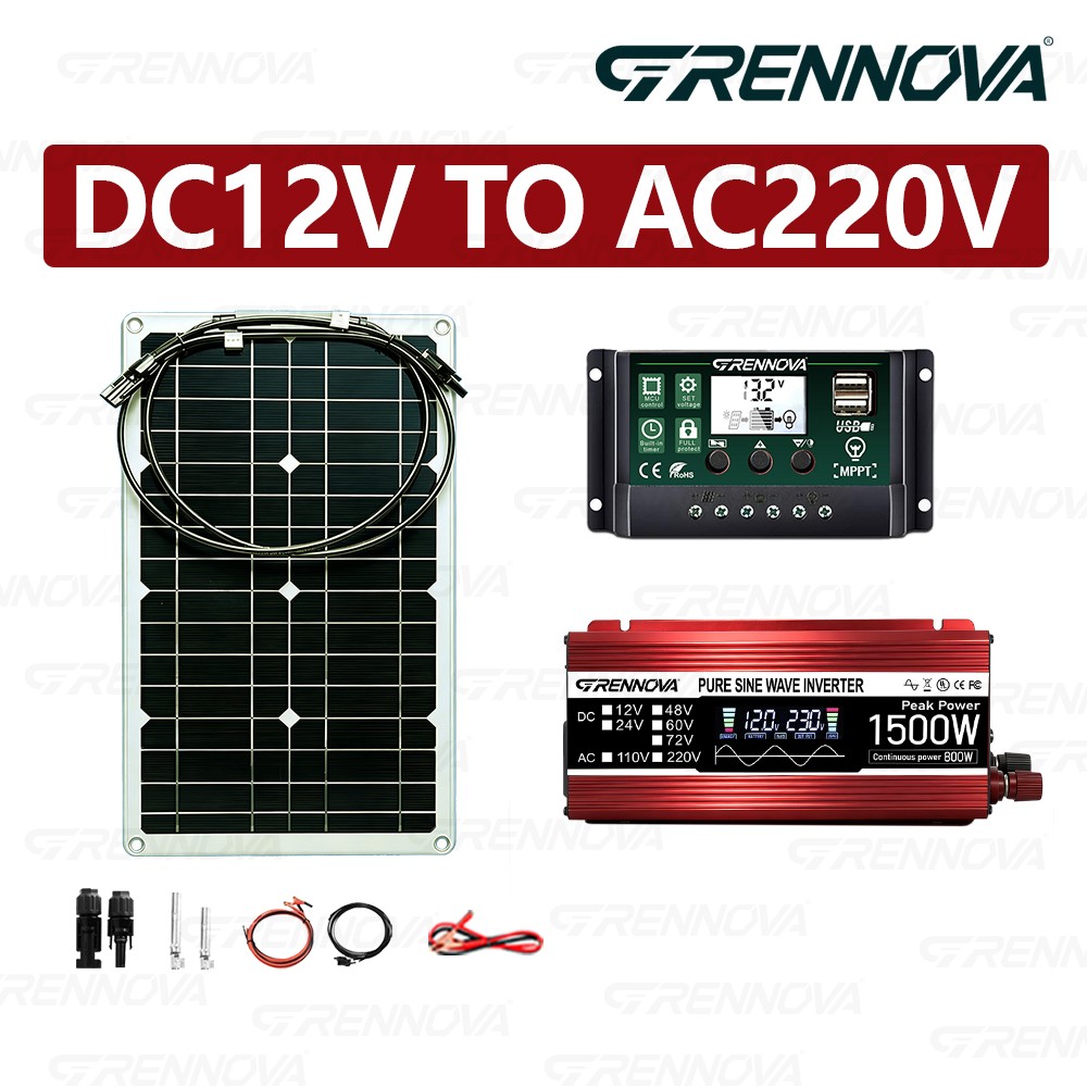 Grennova 1500W Pure Sine Solar Kit 80W 60A MPPT 12V 110/220V Inverter Home Use