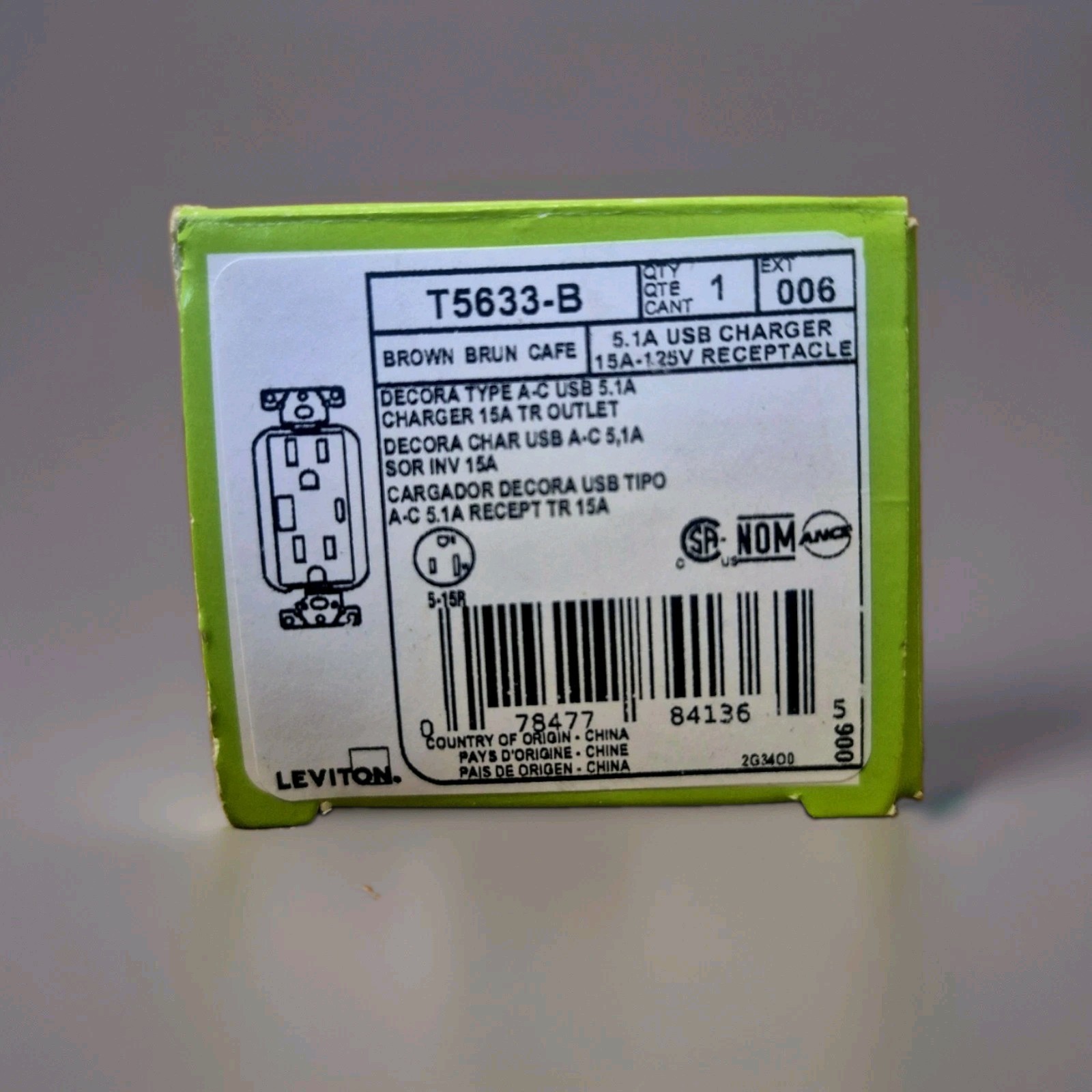 Leviton T5633-B Brown Duplex Outlet Tamper Resistant w/ USB-A & USB-C 15A