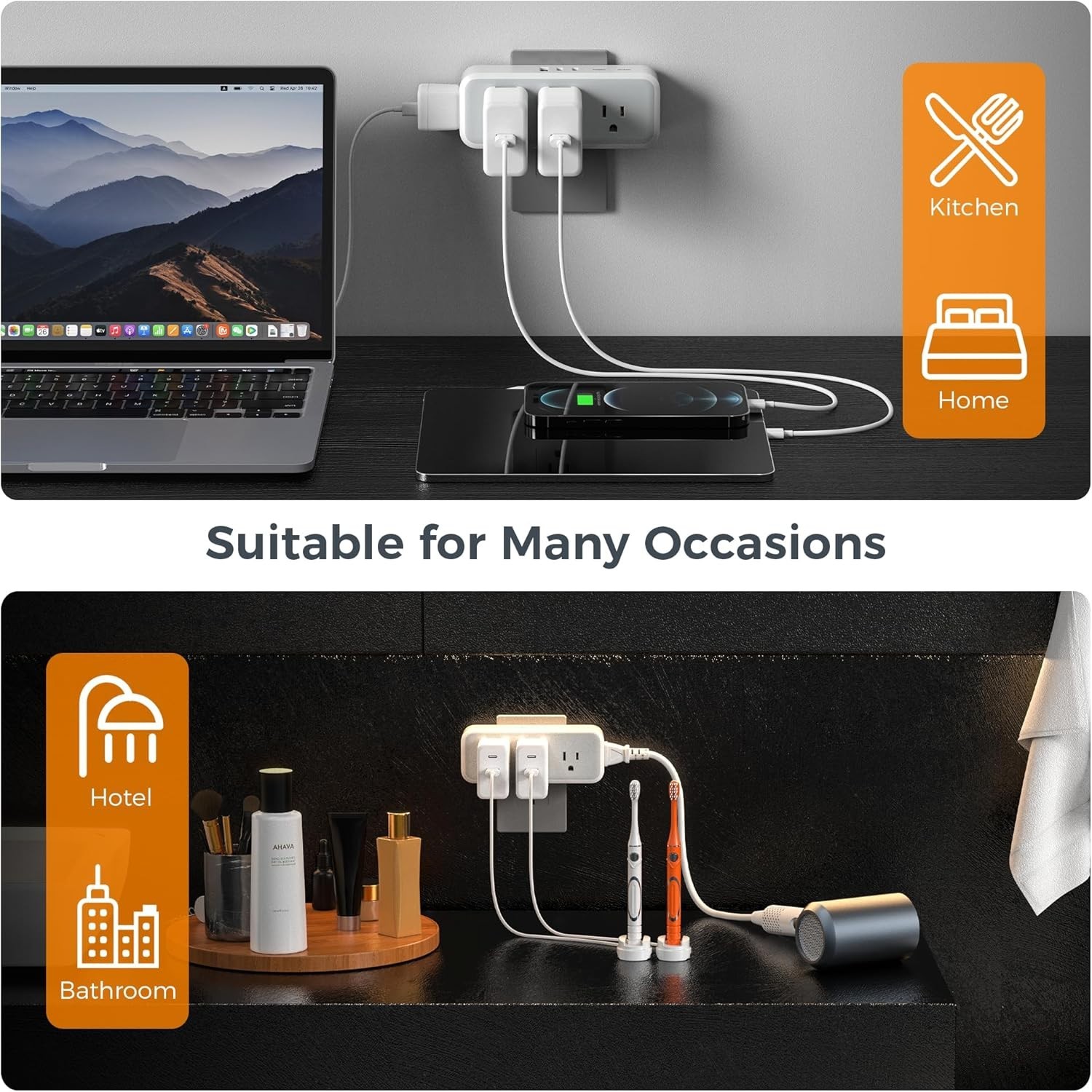 5-Outlet Surge Protector Wall Charger with 3 USB Ports – Ideal for Home & Office