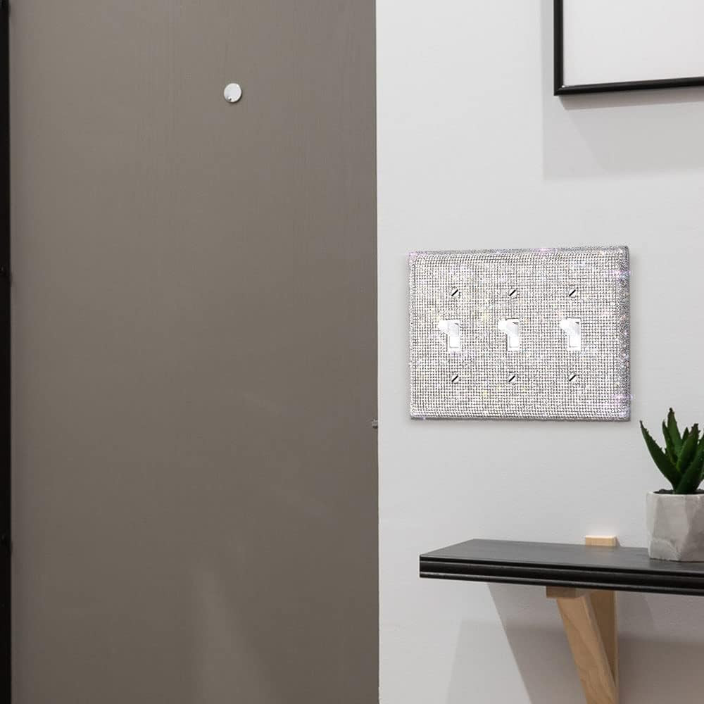 Silver Shiny Sparkle Bling Crystal Rhinestones Wall Plate Cover, 3-Gang Toggle L